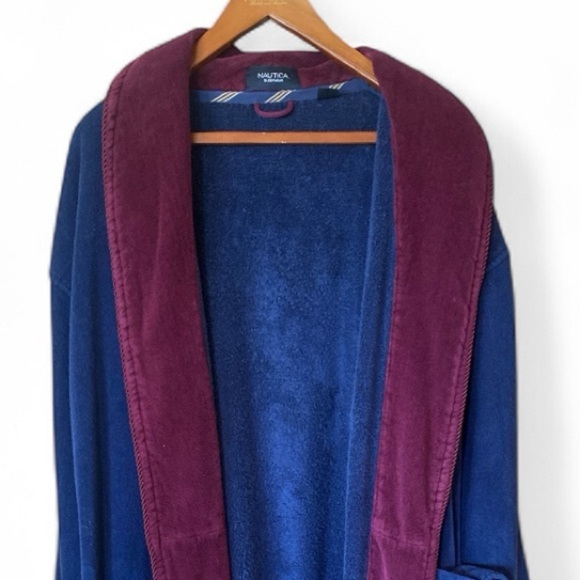 Nautica Shawl Robe Navy Burgundy Belted Terry Cloth One Size Loungewear - Picture 6 of 8